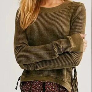 Free People Interlaken Side Tie Waffle Knit Cropped Top Olive Green Size Medium